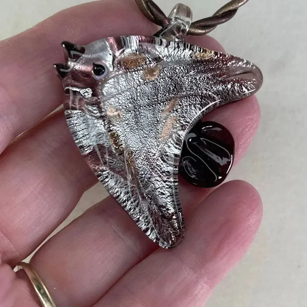RMN glass ornate fish metallic twisted leather cord necklace.